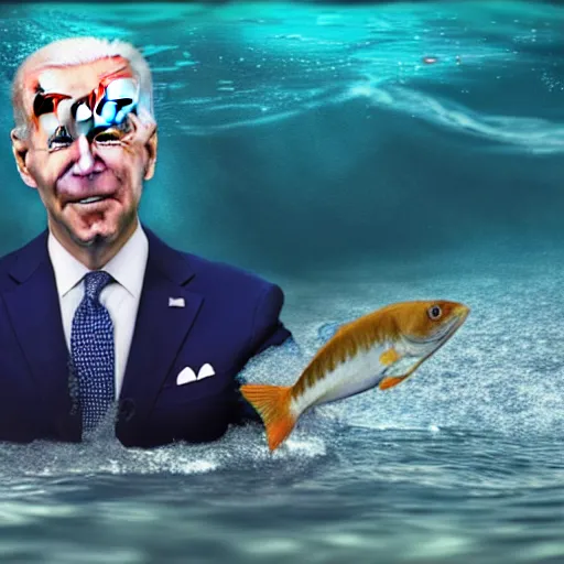 Image similar to president biden riding a fish underwater, ultra realistic, 8 k, ultra details, highly detailed face, sharp focus