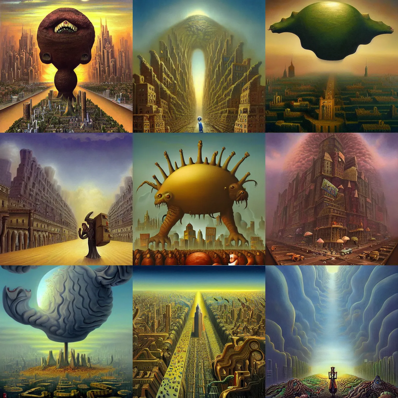 Prompt: A surreal painting of a monster carrying an entire city on it's back , Vladimir Kush