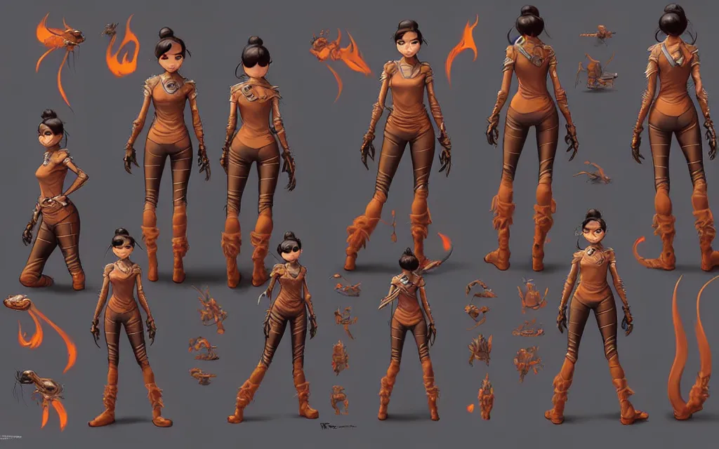 Image similar to weta disney pixar character sheet of 🏍 kata : : flames : : multiple costumes : : by weta, greg rutkowski, wlop, ilya kuvshinov, rossdraws, artgerm, marvel, unreal engine, bright morning, anime