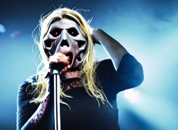 Image similar to publicity photo still of martha stewart in slipknot playing live on stage, 8 k, live concert lighting, mid shot