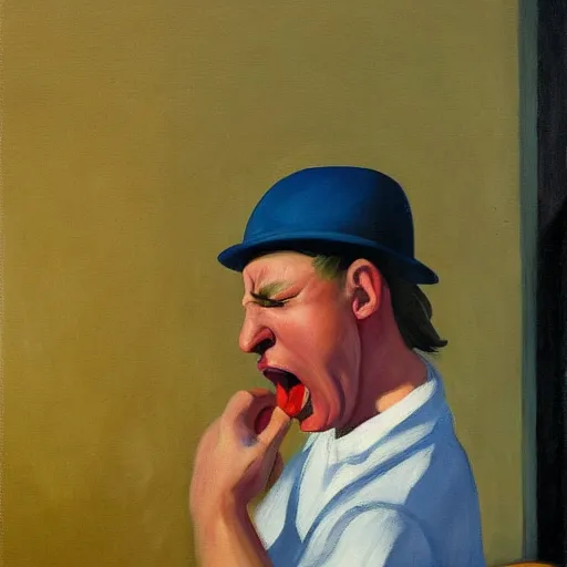 Image similar to a painting of a man screaming because of his sadness, the background is a blue sky with clouds, Edward hopper, 4k,
