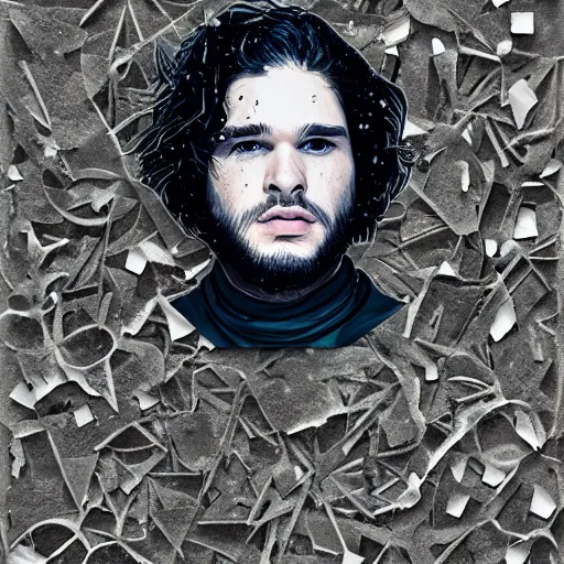 Image similar to a portrait of of jon snow constructed from snow, collage, drop shadow, organic, layered composition, layers, texture, mcu, petals, highly textured, layered, sculpted, dynamic,