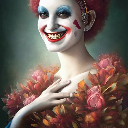 Image similar to artstyle by Tom Bagshaw, ultra realist soft painting of a curiosities carnival, single beautiful female clown with a big smile in a long dress, symmetry accurate features, very intricate details, focus, curvy, award winning