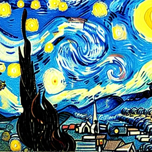 Image similar to kittens van goh style staring at moon in van goh a starry night