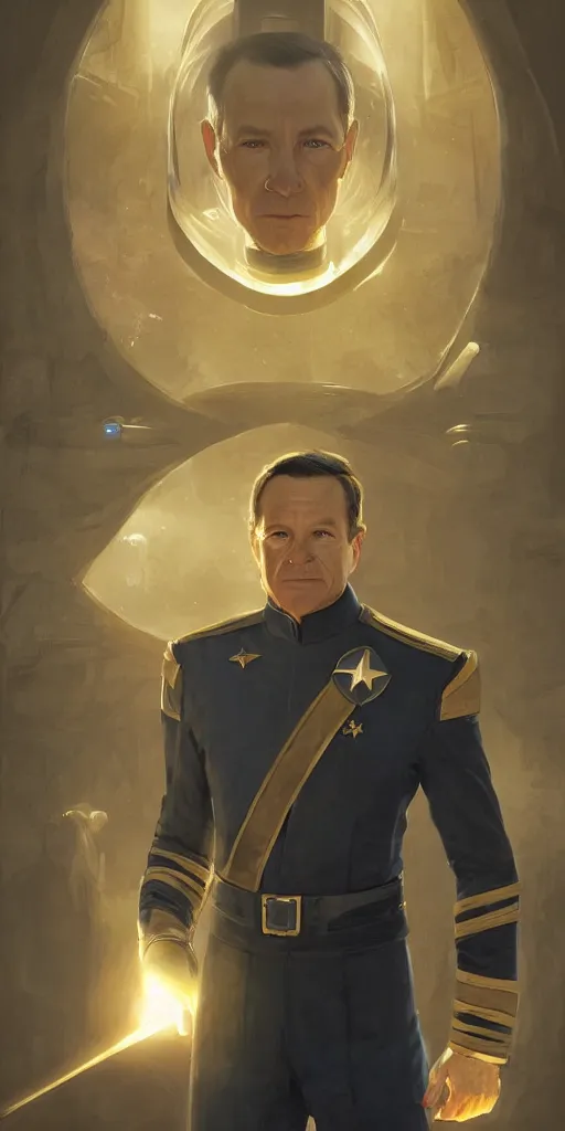 Image similar to portrait of Senator Mark McGowan wearing his starfleet captains uniform, realistic character concept, high fantasy, light atmosphere, golden ratio, cinematic lighting, hyperdetailed, high resolution, insanely detailed and intricate, artstation, Marc Simonetti, Greg Rutkowski