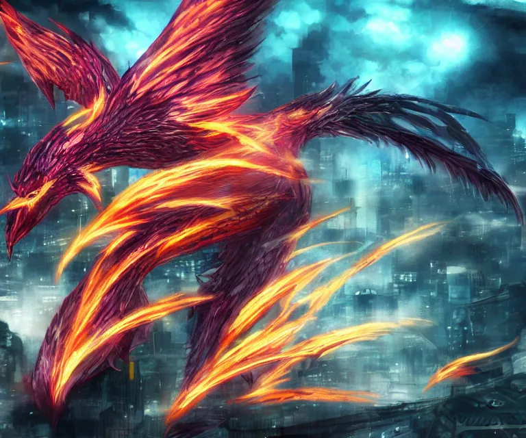 Prompt: neo tokyo, high fantasy, concept art, video game, highly detailed, phoenix flames, sharp focus, 5 0 mm