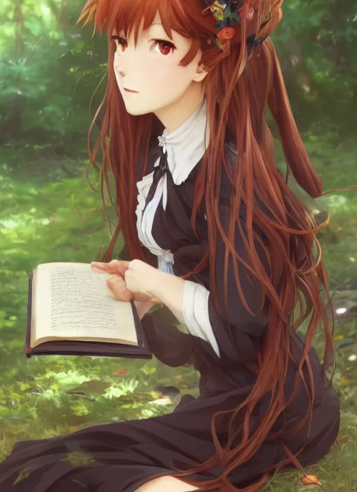 Prompt: a close up of a victorian maid with long flowing auburn hair sitting in a forest reading a book. cute anime eyes. by makoto shinkai, stanley artgerm lau, wlop, rossdraws, james jean, andrei riabovitchev, marc simonetti, krenz cushart, sakimichan, trending on artstation, digital art.