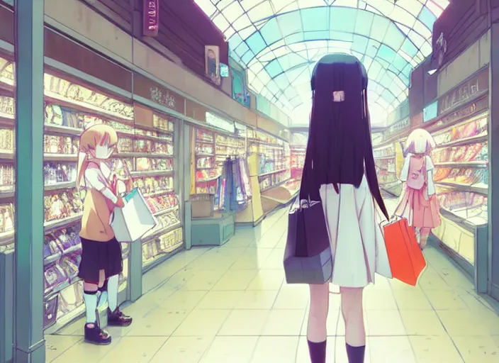 Prompt: portrait of a cute girl shopping at the mall, rule of thirds, illustration concept art anime key visual, trending pixiv fanbox by wlop and greg rutkowski and makoto shinkai and studio ghibli and kyoto animation