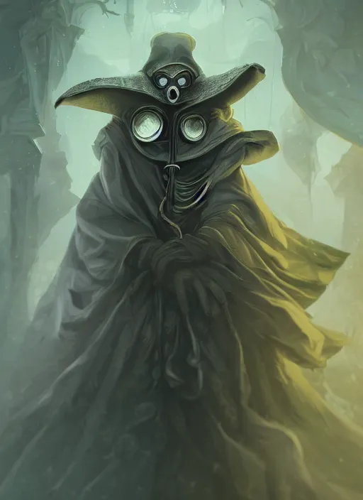 Image similar to a highly detailed illustration of plague doctor mask wearing woman, cape flowing in the wind pose, surrounded by green mist, intricate, elegant, highly detailed, centered, digital painting, artstation, concept art, smooth, sharp focus, league of legends concept art, WLOP