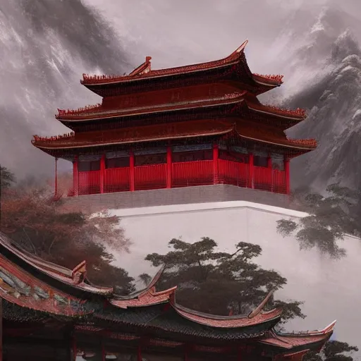 Image similar to A digital painting of a chinese temple in the mountains, by Greg Rutkowski, trending on Artstation