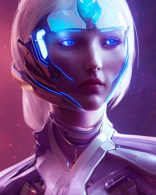 Image similar to perfect android girl on a mothership, warframe armor, beautiful face, scifi, futuristic, galaxy, nebula, raytracing, dreamy, long white hair, blue cyborg eyes, sharp focus, cinematic lighting, highly detailed, artstation, divine, by gauthier leblanc, kazuya takahashi, huifeng huang