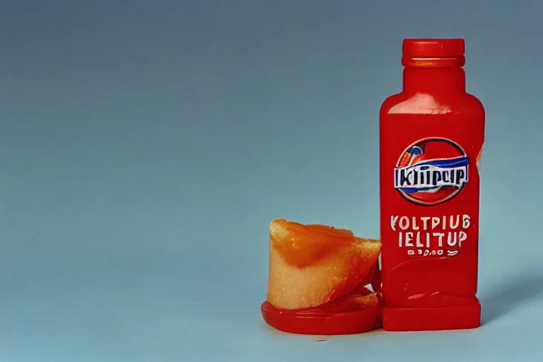 Prompt: a bottle of ketchup from 1960 in outer space