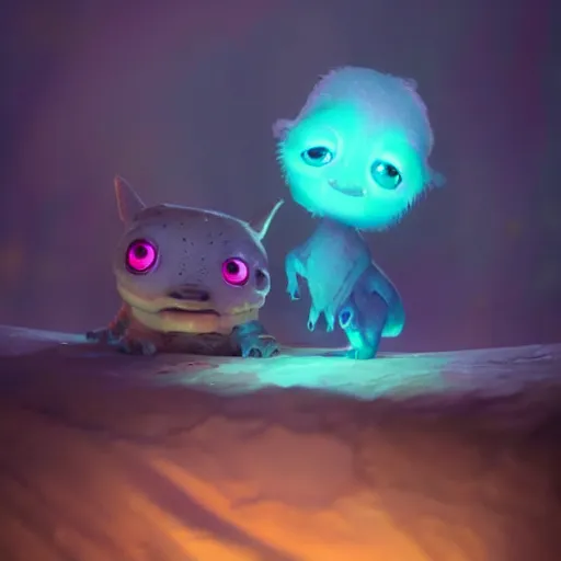 Image similar to adorable glowing creature, trending on artstation, cute, big eyes, matte painting, concept art, pixar, disney, highly detailed, cinematic composition, unreal engine, 3 d rendered in octane