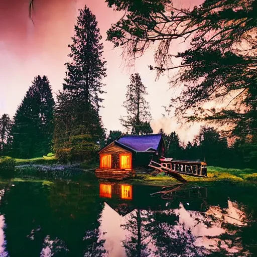 Prompt: small wooden cottage in the forest at night, smoke coming out of the chimney, night, dark, nocturnal, redwood trees, peaceful, river running past the cottage, a wooden rowing boat, galaxy in the night sky, by stephen king