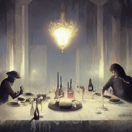 Image similar to The dinner with all the dead people I knew, By Delphin Anjolras, by Ismail Inceoglu, by Emiliano Ponzi, ghosts