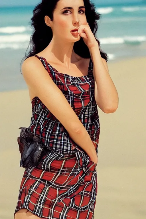 Prompt: “ gorgeous brunette model posing on the beach shirt and skirt, 1 9 6 0 ’ s fashion, 1 5 0 mm f 2. 8, face shot, hasselblad, photo by brian ingram, high quality, symmetrical face, clear skin, 4 k ”