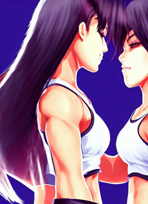 Image similar to two beautiful female fighters with bunned hair taunting each other, white top, dim lighting, gorgeous features, smooth, detailed anime art