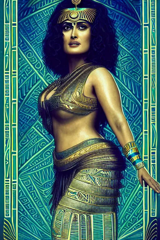 Image similar to Portrait of Salma Hayek as Cleopatra, intricate art deco leaf designs, elegant, highly detailed Egyptian patterns, hieroglyph, sharp focus, art by Artgerm and beeple