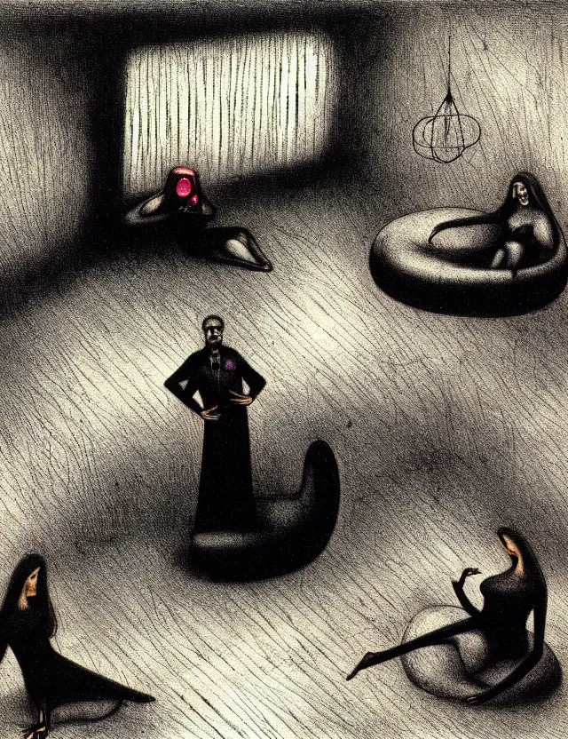 Prompt: Man and woman start to bounce in a living room of a house, floating dark energy surrounds the middle of the room. There is one living room plant to the side of the room, and another woman with siren body sitting on the sofa, surrounded by a background of dark cyber mystic alchemical transmutation heavenless realm, artwork by alfred kubin and roger dean and philippe caza and Jenny seville, midnight hour, part by francis bacon + adrian ghenie, part by jeffrey smith, part by edward hoper, norman rockwell, part by phil hale, part by kim dorland, rich deep color scheme, beksinski colors, artstation, matte gouache illustration, highly detailed,