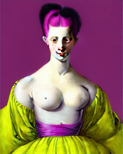 Image similar to photo-realistic portrait of a young pale woman with lilac hair buns, wearing a neon yellow dress by Vivienne Westwood, intricate details, cyberpunk, super-flat, in the style of Jean Auguste Dominique Ingres, black background