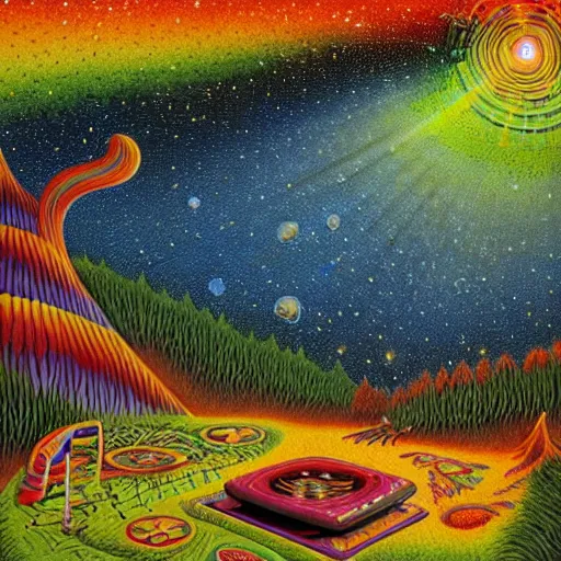 Image similar to psychedelic couch sofa in the pine forest, guitar, milky way, designed by moebius, rob gonsalves, gustav dore, giuseppe arcimboldo and carl barks, louis wain, trending on artstation, canada, star, sharp focus, colorful refracted sparkles and lines, soft light, 8 k 4 k