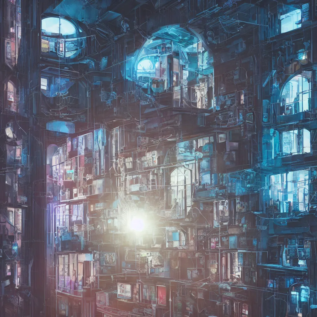 Image similar to a highly detailed loft apartment, neon backlit, round window, cyberpunk nightcity in the window, 8 k