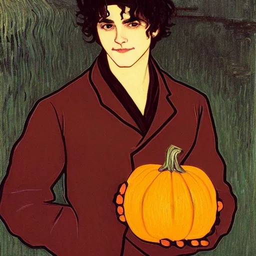 Prompt: painting of young cute handsome beautiful dark medium wavy hair man in his 2 0 s named shadow taehyung at the halloween pumpkin party holding pumpkin, no hands, melancholy, autumn colors, japan, elegant, clear, painting, stylized, delicate, soft facial features, delicate facial features, soft art, art by alphonse mucha, vincent van gogh, egon schiele