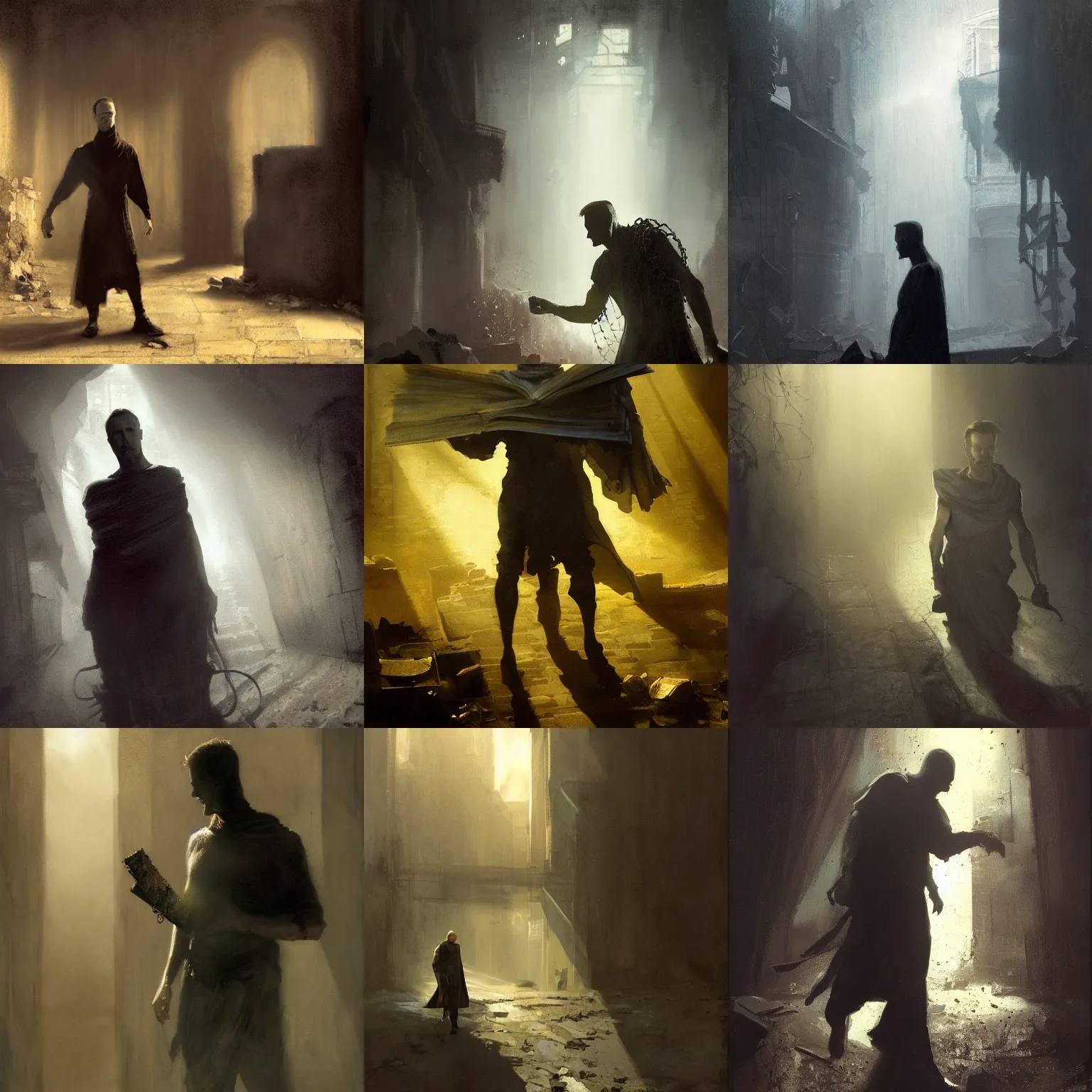 Prompt: portait of edward norton as magican wearing a closed cerimonial cowl, big old book chained to the wrist, by jeremy mann, by craig mullins, by caravaggio and mike mignola, face in the shadows, walking between ruins of ancient rome at dusk, mysterious atmosphere, sunrays, high detailed, 8 k