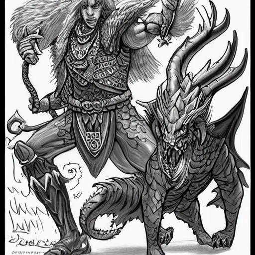 Image similar to DnD character drawing of the most powerful druid battling a dragon, art by TYLER JACOBSON