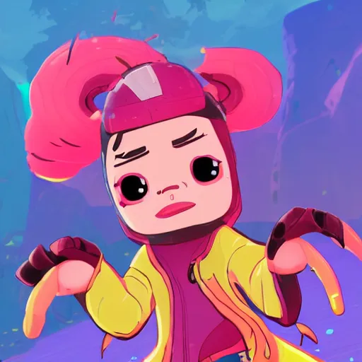 Prompt: grimes in slime rancher, 4 k quality, cartoon art style, photorealistic details, trending on artstation, golden ratio!!!!, centered!!!!