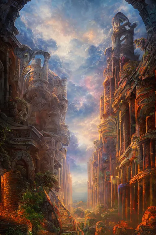 Image similar to beautiful matte painting street art fantasy ruins skyline background painted, intricate, volumetric lighting, beautiful, rich deep colors masterpiece, sharp focus, ultra detailed by alex grey