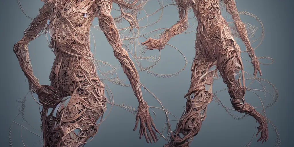 Image similar to photorealistic gorgeous symmetrical female cyborg, spreading threads, tendrils, ribbon highly detailed, arms stretched, knees together, intricate, exuberant filigree, in the style of beth cavener, jin kagetsu, wlop, masterpiece, concept art, high key lighting, ambient lighting, octane render, 8 k, artstation