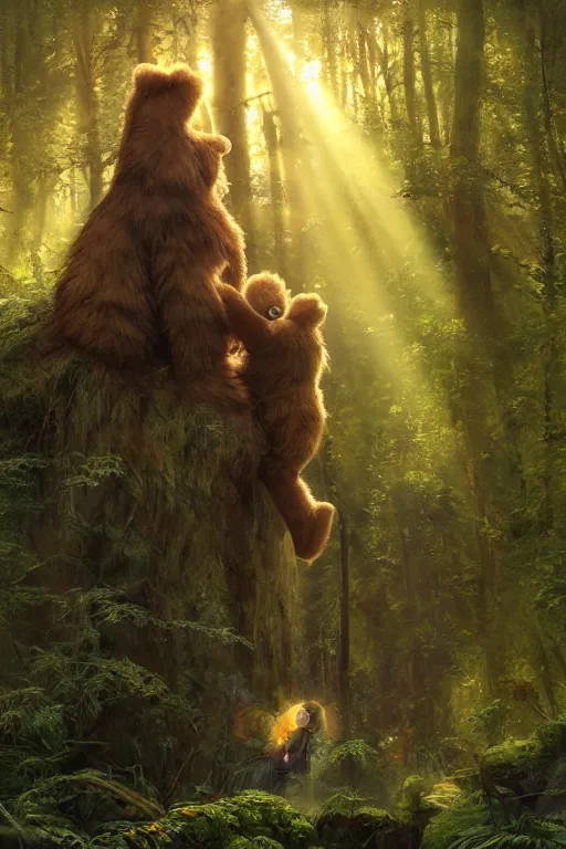 Image similar to mean fluffy teddybear protecting girl in a forest with rays of light coming through the canopy, masterpiece, dystopian, sci-fi, extremely detailed, digital painting, sculpted in zbrush, artstation, concept art, smooth, sharp focus, illustration, chiaroscuro lighting, golden ratio, incredible art, artgerm, greg rutkowski, alphonse mucha, simon stalenhag, carravaggio