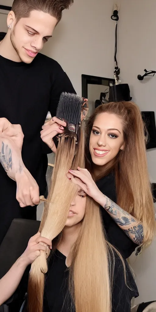 Image similar to pete davidson brushing jessica's long blond hair with a huge hairbrush, comically large hairbrush, ultra - realistic photograph