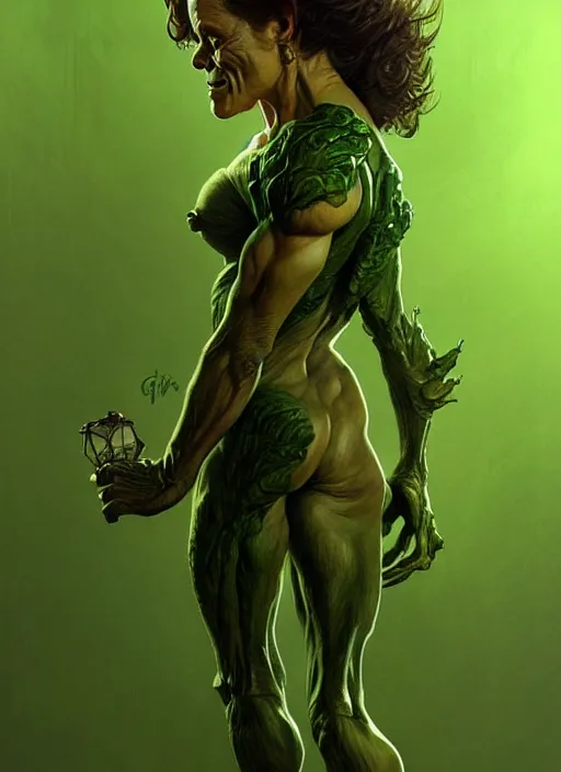 Image similar to portrait of sigourney weaver as a goblin, d & d, muscular! green, fantasy, intricate, elegant, highly detailed, digital painting, artstation, concept art, smooth, sharp focus, illustration, art by artgerm and greg rutkowski and alphonse mucha