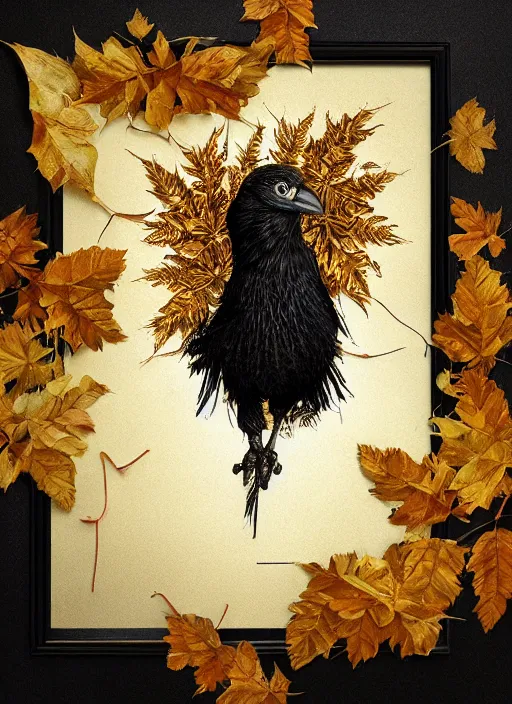 Image similar to golden leaves at frame border, creative!!! composition for a book cover, absurdly beautiful, ultrafine hyperrealistic detailed crow face by wlop and artgerm and greg rutkowski, intricate linework, sharp focus, smooth, octopath traveler, final fantasy, unreal engine, dramatic lighting, ethereal, 8 k