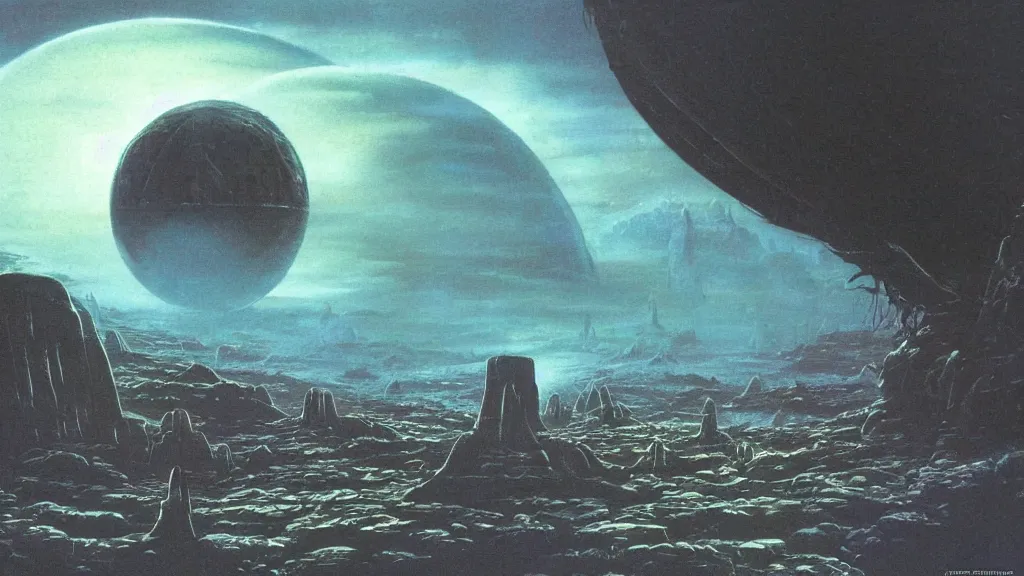 Image similar to eerie atmospheric alien planet by angus mckie and bob eggleton and chris moore, epic cinematic matte painting