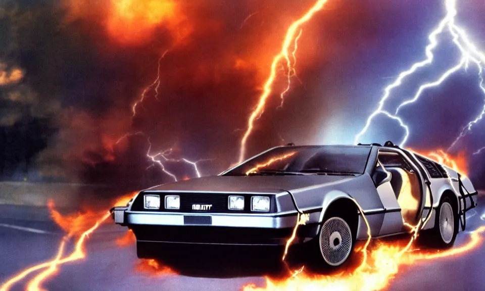 Image similar to scene from back to the future, delorean from back to the future driving very fast, lightning around the car, fire on the road, driving through a portal, motion blur