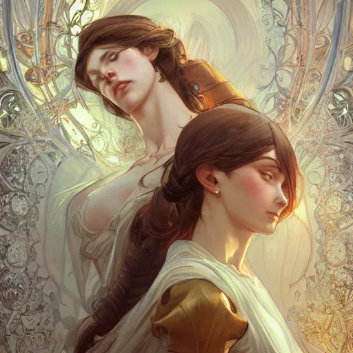 Image similar to two beautiful identical barbarians, intricate, elegant, highly detailed, digital painting, artstation, concept art, smooth, sharp focus, illustration, art by artgerm and greg rutkowski and alphonse mucha, clean detailed anime style