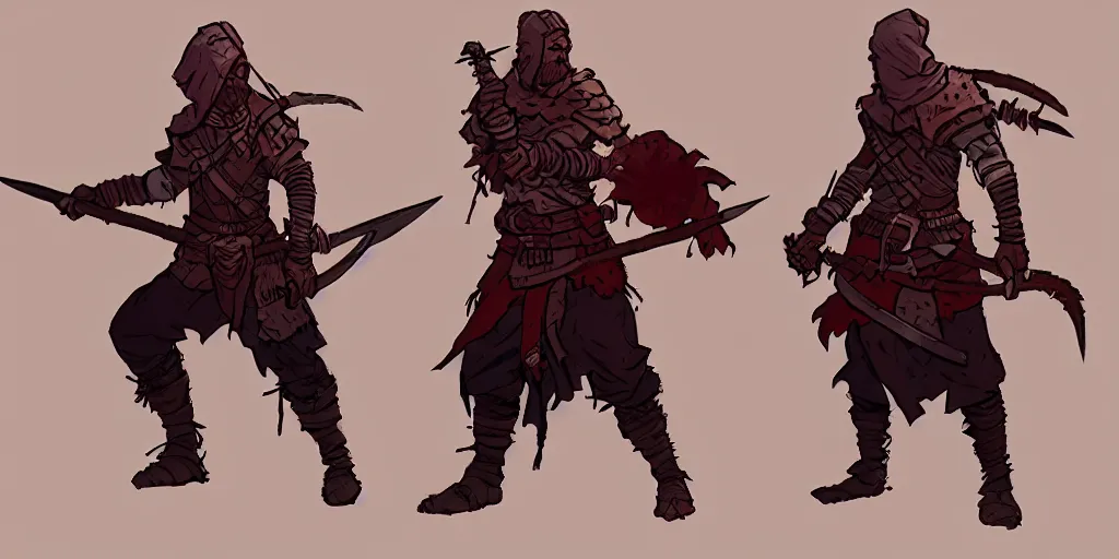 Image similar to warrior character design, idle pose, colored, sword, sprite, darkest dungeon, pc game, sideview, art by moebius and greg rutkowski.