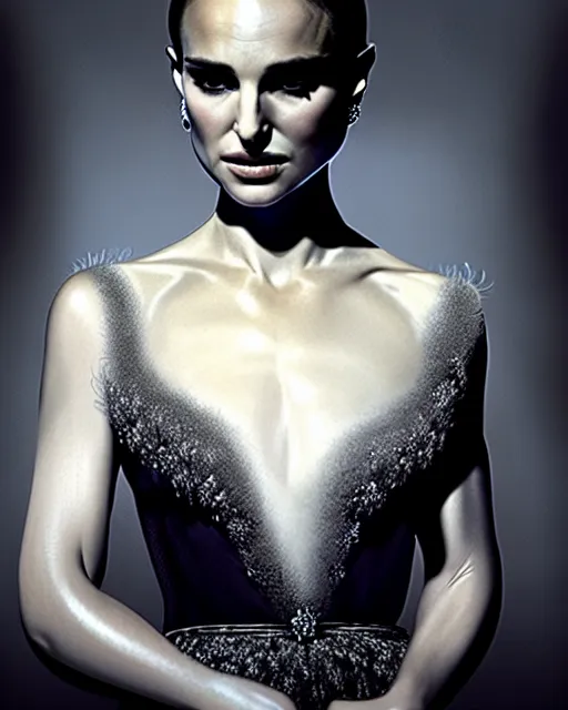 Image similar to Natalie Portman, wearing an evening gown, vera wang couture, very detailed portrait, ultrarealistic, dramatic lighting, electrical details, high details, 4k, 8k, best, accurate, trending on artstation, fur, artstation, photorealism, ultrarealistic, digital painting, style of Dali, Caravaggio, Boris Vallejo