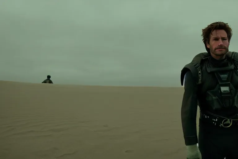 Prompt: a cinematic wide angle shot of a man in his early twenties, in the 2 0 2 1 movie dune, stormy weather, dry, film still, cinematic, dramatic lighting, by zack snyder