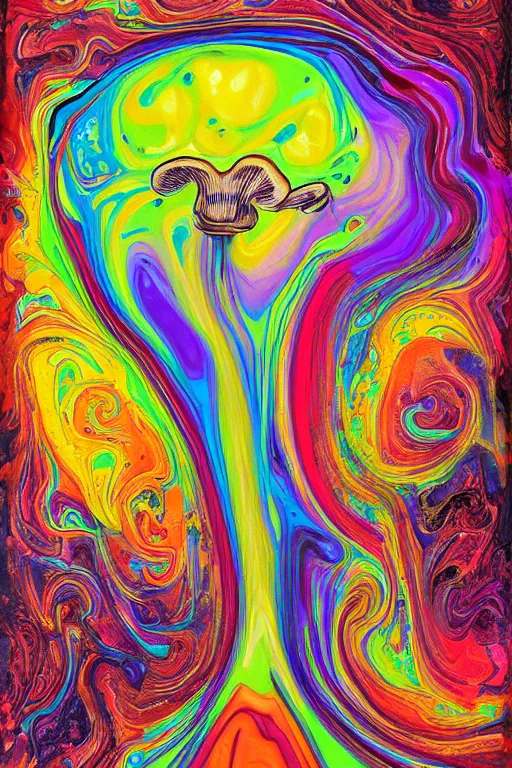 Prompt: fluid dynamics flow art a painting of a mushroom with a colorful swirl, acrylic marbling art by sam spratt, deviantart, psychedelic art, psychedelic, cosmic horror, chromatic