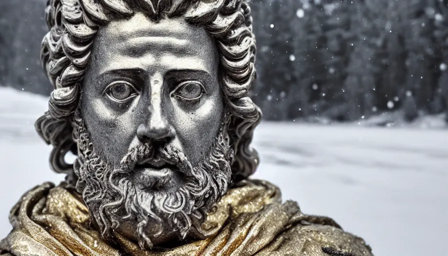 Prompt: 1 9 6 0 s movie still close up of marcus aurelius in gold emperor clothes frozen to death by the side of a river, grass, snowy, pine forests, cinestill 8 0 0 t 3 5 mm b & w, high quality, heavy grain, high detail, texture, dramatic light, anamorphic, hyperrealistic, detailed hair, foggy