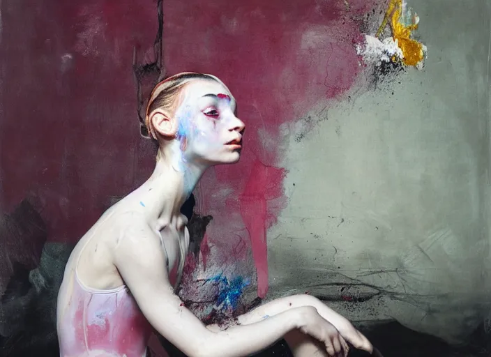 Prompt: portrait of nervous young girl ballerina sitting on the floor focusing in a dance hall by alberto seveso and hernan bas and francis bacon and pat steir and hilma af klint, psychological, photorealistic, symmetrical face, dripping paint, washy brush, matte painting, rendered in octane, altermodern, masterpiece