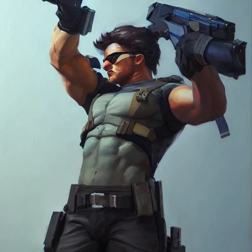 Image similar to greg manchess portrait painting of solid snake as overwatch character, medium shot, asymmetrical, profile picture, organic painting, sunny day, matte painting, bold shapes, hard edges, street art, trending on artstation, by huang guangjian and gil elvgren and sachin teng