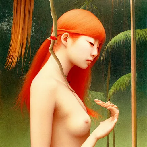 Image similar to a ultradetailed beautiful painting of a german japanese girl in amazonas by hsiao ron cheng, ngai victo, nivanh chanthara jean delville wlop and dougherty patrick, trending on artstation, mediterranean, palm trees, light sparkles, major arcana sky, sharp focus, soft light