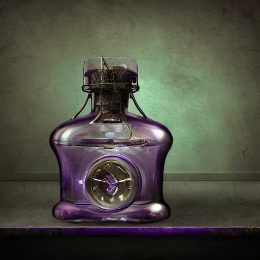 Prompt: a steampunk painting of a vintage purple blue potion bottle on a counter in a dark dusty vintage science lab, by h. r. giger, hyperrealistic fantasy art, concept matte, ethereal, dreamy, digital art, trending on artstation, volumetric cinematic lighting