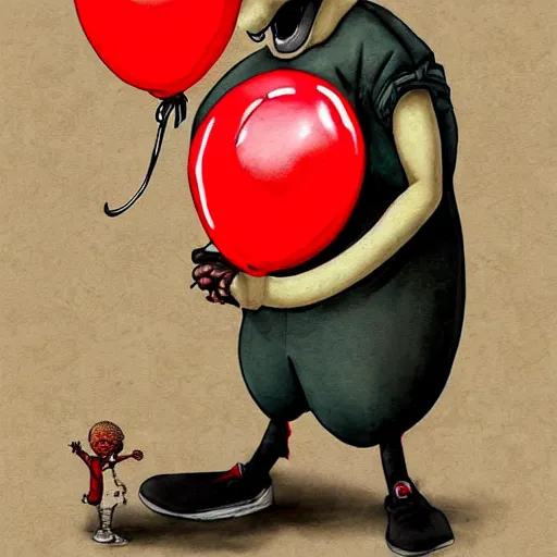 Image similar to grunge cartoon painting of kanye with a wide smile and a red balloon by chris leib, loony toons style, pennywise style, corpse bride style, horror theme, detailed, elegant, intricate