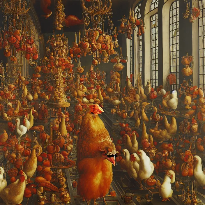 Image similar to a chicken in a hall of mirrors, chicken nebula, by jan van eyck